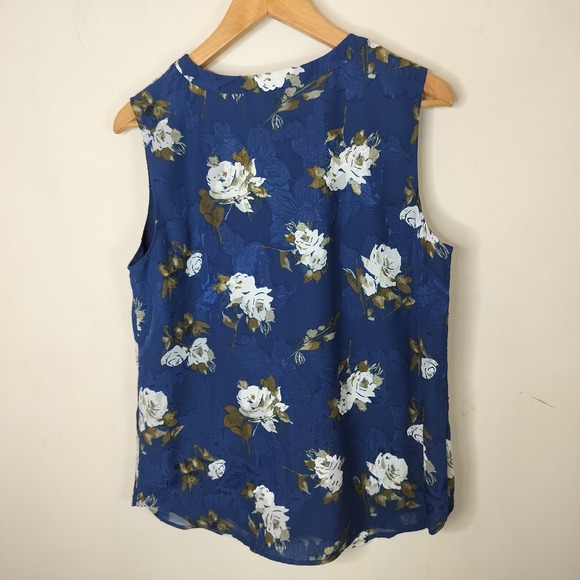 Tahari Floral Sleeveless Top Tie Neck Blue Olive - Picture 7 of 8